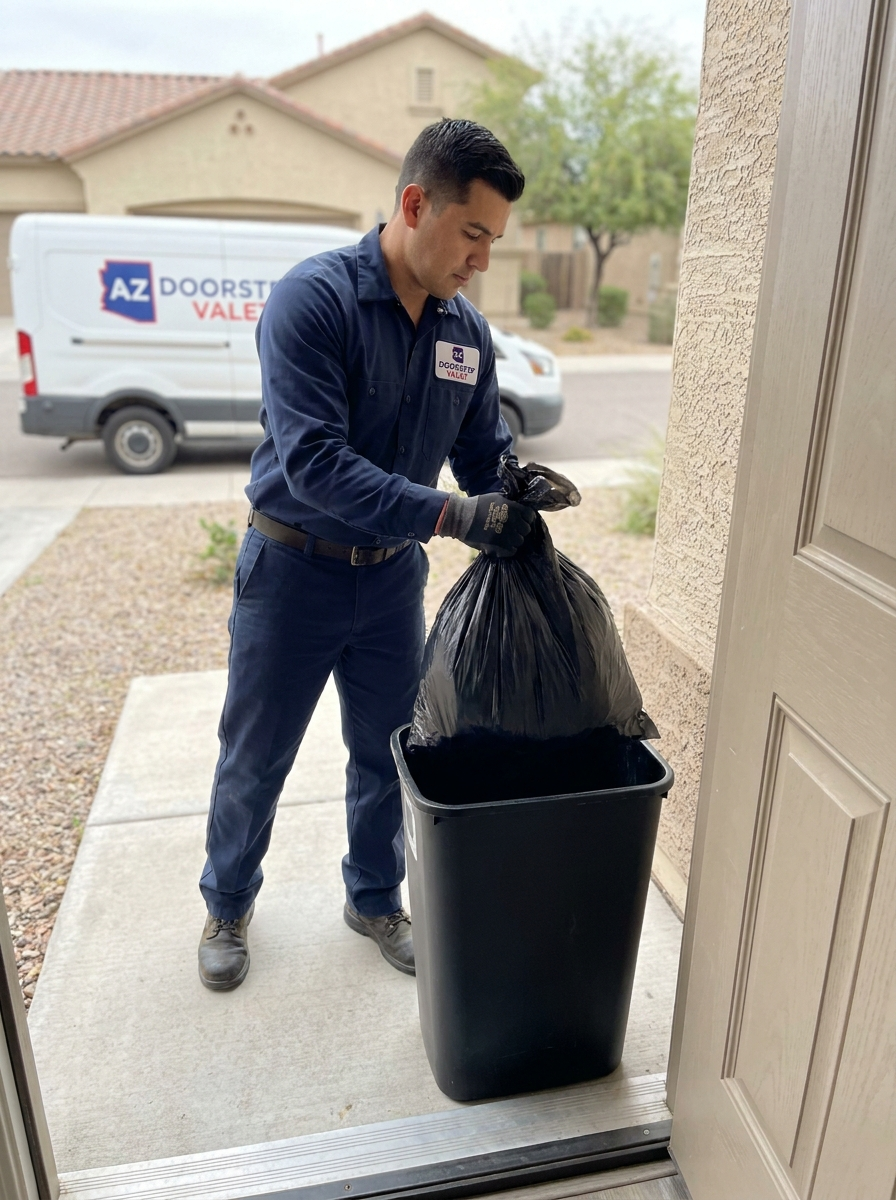 AZ Doorstep Valet uniformed collector picking up trash at a resident's door